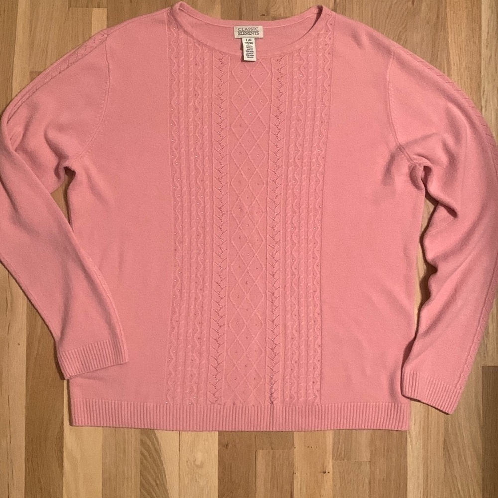 𝅺classic Elements Vintage Light Pink Crew Long Sleeve Beaded Sweater Women’s L